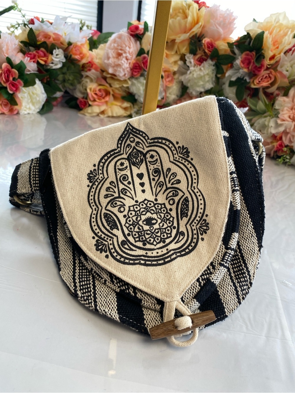 Soul Flower Hamsa Cotton Boho Crossbody Bag Black & Natural Nepal
